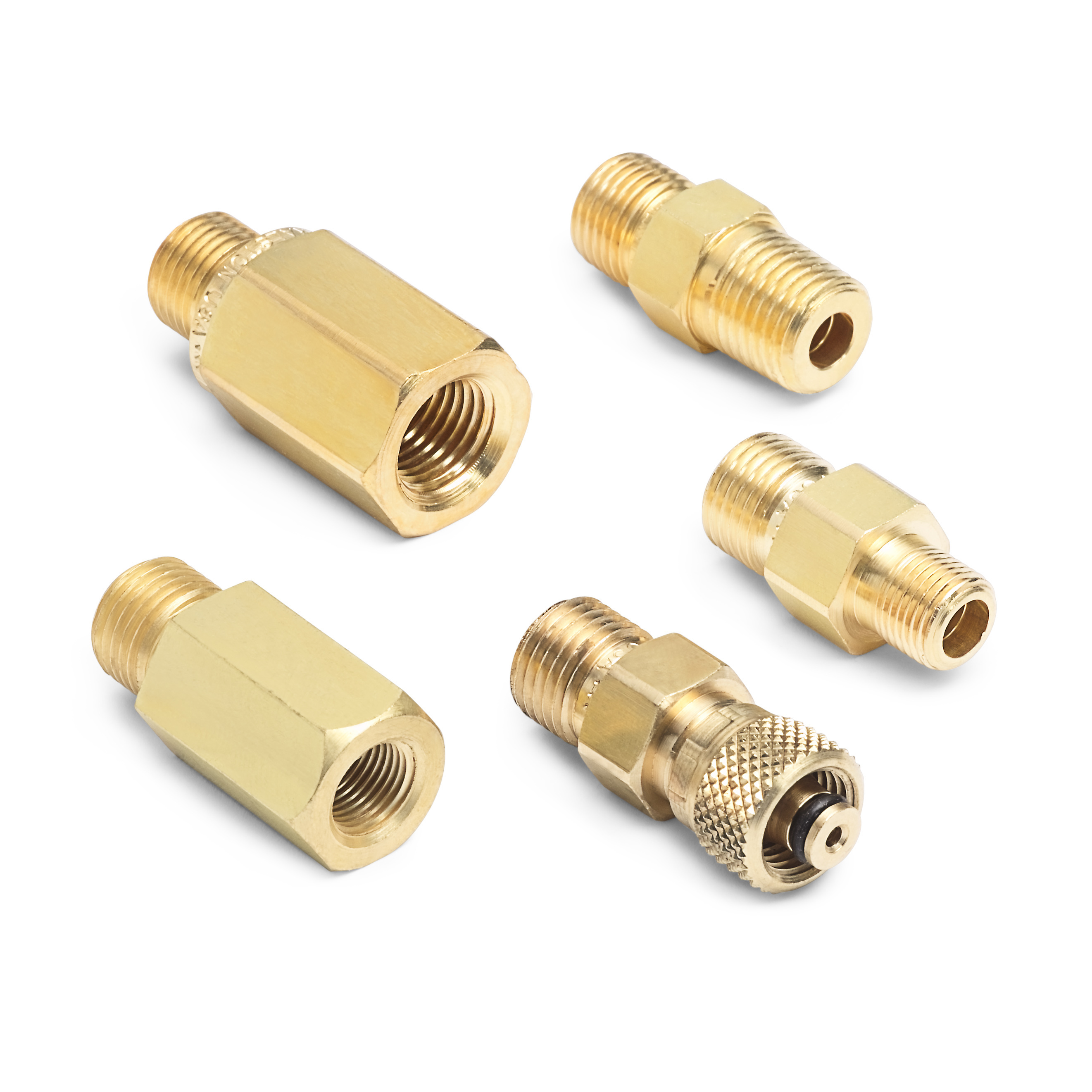 Selection of brass Ralston Quick-test pressure calibration adapters and fittings