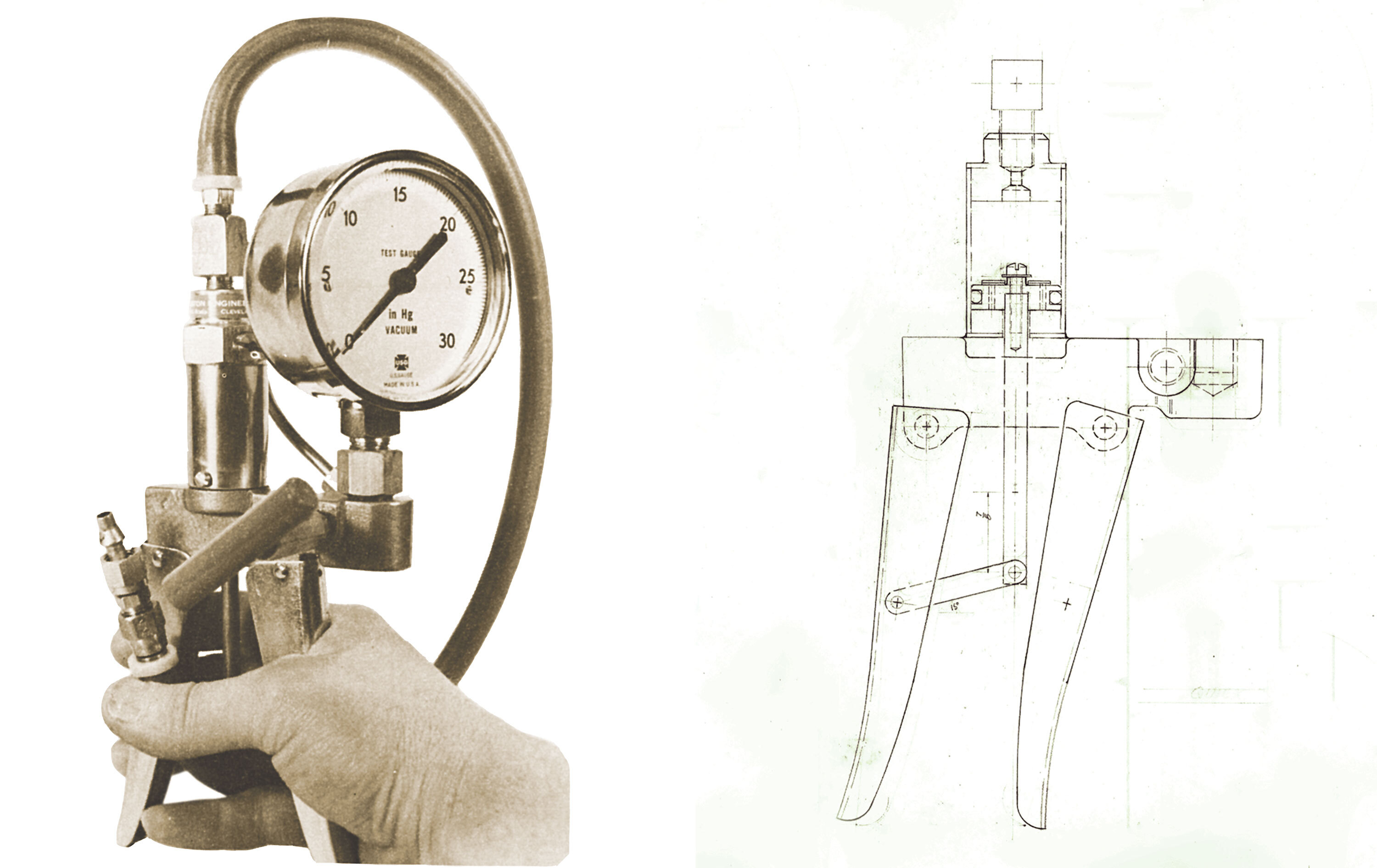 Historic photo of Doug Ralston’s first pneumatic hand pump with the original engineering drawing showing the design concept.