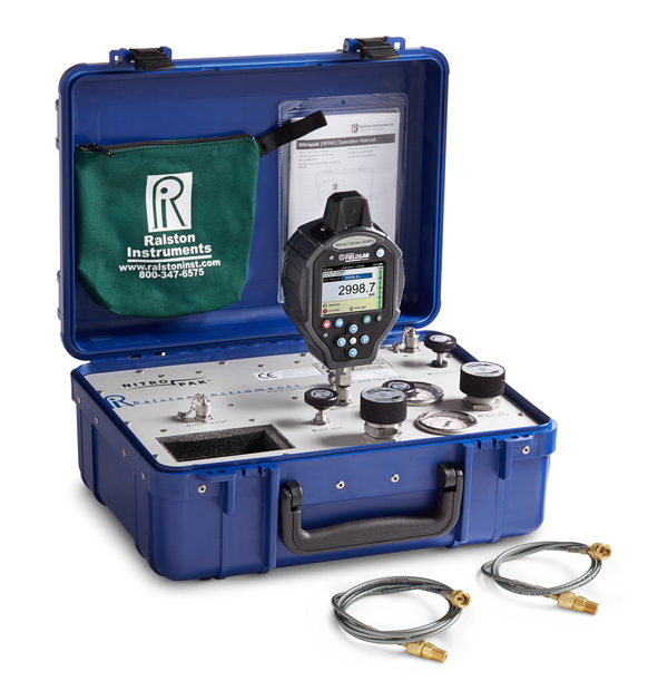 Ralston NitroPak Pressure Source shown as a kit with a FieldLab Pressure Calibrator and two Quick-test hoses.