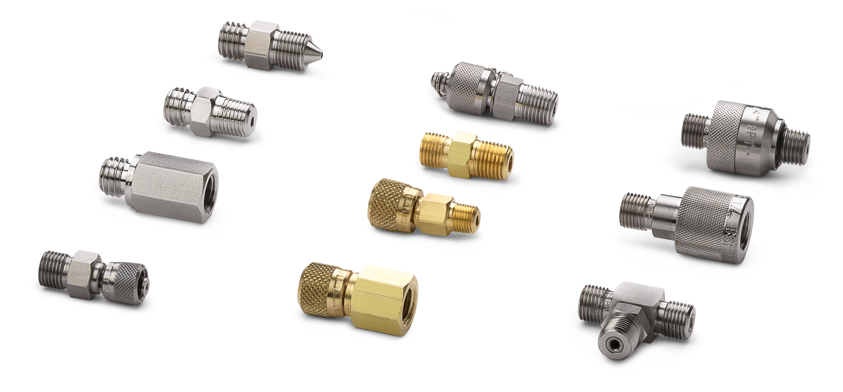 Selection of Quick-test pressure calibration adapters and fittings in brass and stainless steel