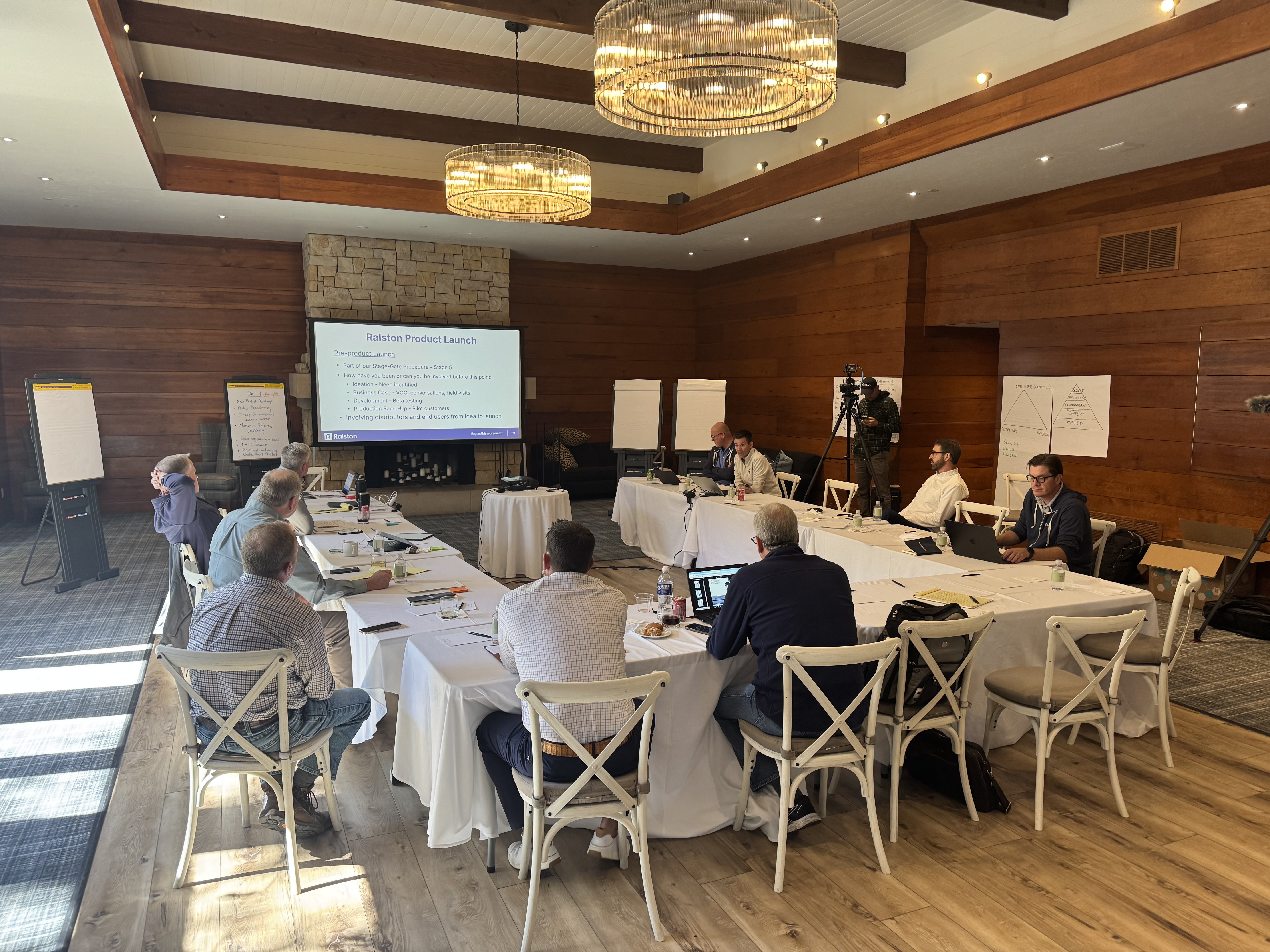 Ralston distributors and team members share ideas during a meeting session.