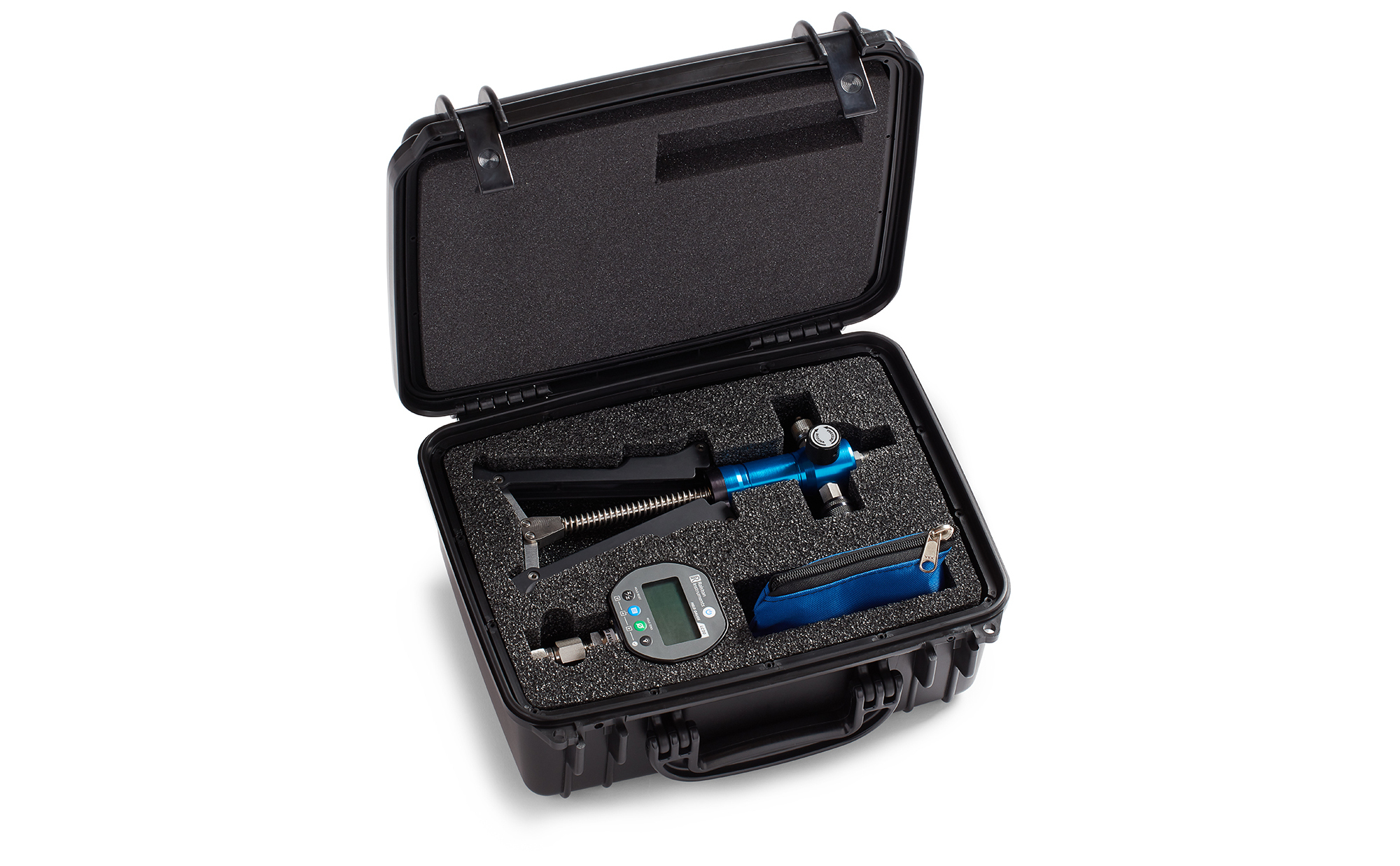 Ralston DCAP-PV pressure/vacuum test pump and Ralston Field Gauge LC20 stored in a DCAP-CASE protective case, for field use