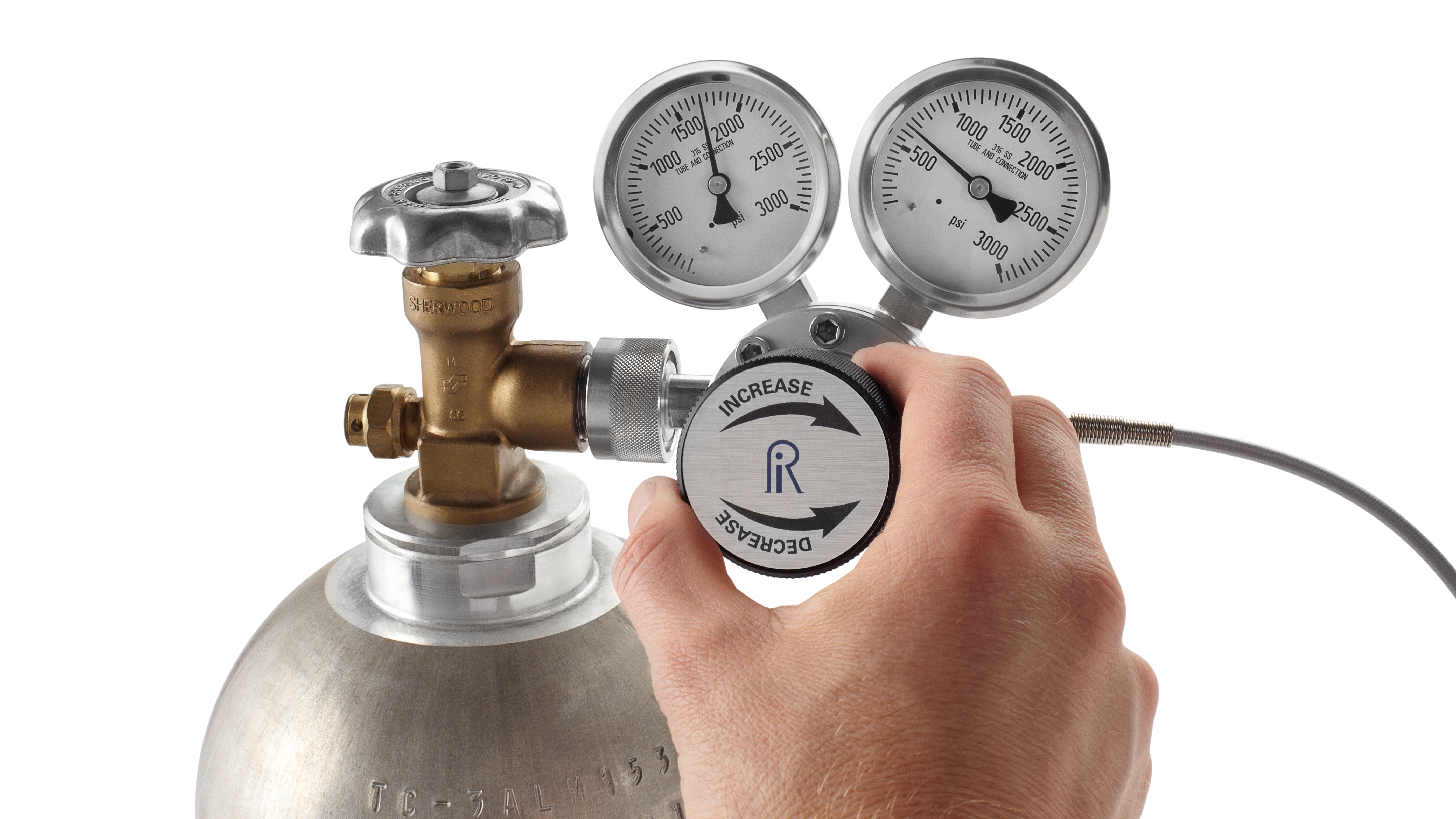 Ralston XREG Pressure Regulator with dual gauges connected to a compressed gas cylinder